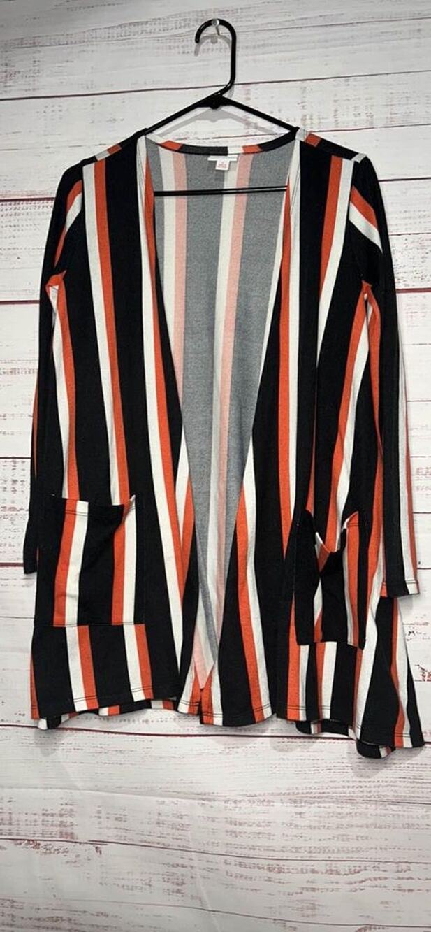 Lularoe Black, Orange & White Striped Pocked Cardigan Small
